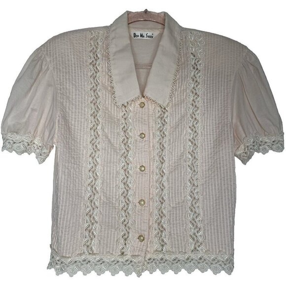 Ben Ma Shien Pink Lace Pintuck Shirt Blouse Button up S M Retro Tuxedo - Picture 1 of 13